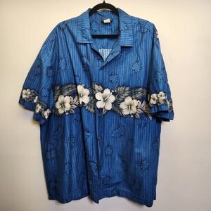 Vtg Blue Hawaii Aloha Shirt Men's 2XL Blue Hibiscus 100% Cotton Coconut Buttons